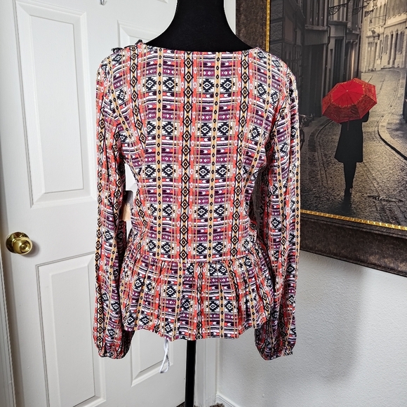 Wrangler Geometric Multicolor Patterned Black Lace V-neck Long Sleeve Top Smal - Picture 4 of 13